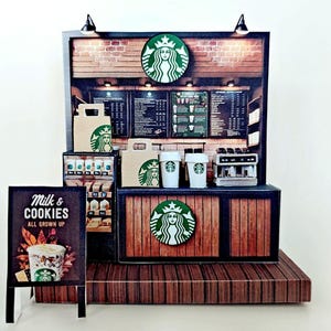 Café Starbucks - Kit de création artisanale sur support miniature, tasse à café, machine à café, sacs en papier, décor de poupée de 3 pouces