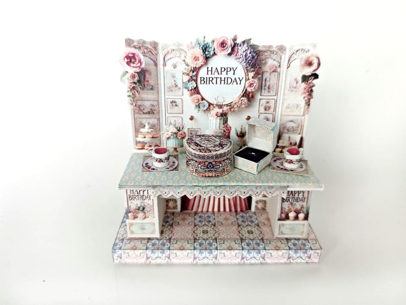 Vintage birthday stand DIY miniature kit, birthday presents, cards, DIY present to family, holiday card, gift idea