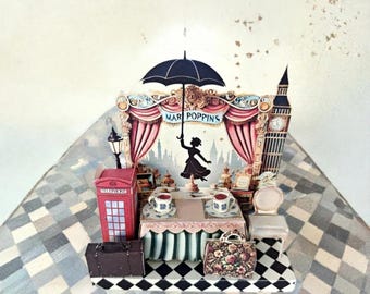 Pick Scene Mary Poppins England Style stand, creative background, miniature kit, cute tea cup, leather bags, phone stand