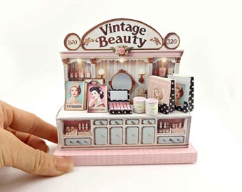 Vintage Makeup Counter Miniature: DIY Cardstock Scenery Kit (Printable), cosmatic back and makeup tool