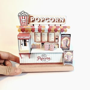 ポップコーンショップスタンド - DIY風景ミニチュアクラフトキット、ミニチュアフード、スナック、ジオラマ、ポップアップスタンドポップコーンスナック、オレンジレッドカラー
