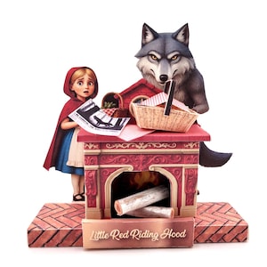 May include: A Little Red Riding Hood-themed diorama featuring a girl in a red cape, a wolf, and a fireplace. The scene includes a basket, a newspaper, and the text "Little Red Riding Hood" on the base. The wolf is gray and the fireplace is red.
