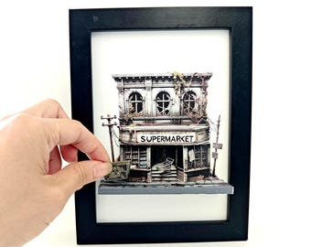 5x7"- Zombie Hypocaust Supermarket, End of the world, Death city, ,Halloween, Mini street, mini house