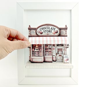 5 x 7 po. - cadre pop-up chocolaterie, kit de paysages miniatures DIY, modèle de téléchargement immédiat, cadeau boîte d'ombre, boulangerie, mini maison, mini boutique