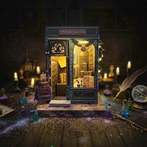 Könnte beinhalten: Miniaturmodell des Geschäfts Merlin's Arcana mit einer Eule über der Tür. Das Geschäft ist von innen beleuchtet und zeigt Bücherregale und Zaubertränke. Ein Kristallkugel, Feder und Kerzen schaffen eine mystische Szene.