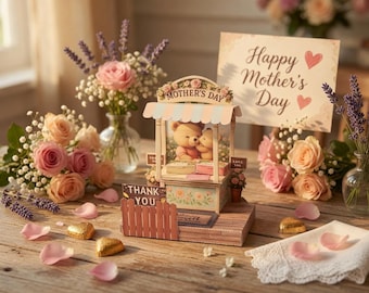 Könnte beinhalten: Eine Muttertags-Szene mit einem Holzladen-Display mit Teddybären, umgeben von rosa und pfirsichfarbenen Rosen, Lavendel und einer Karte mit der Aufschrift "Happy Mother's Day". Goldfolien-Herzschokoladen und Rosenblätter sind verstreut.