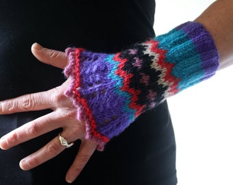 Fair Isle and lace hand knit arm warmers / cuffs - purple - turquoise - red