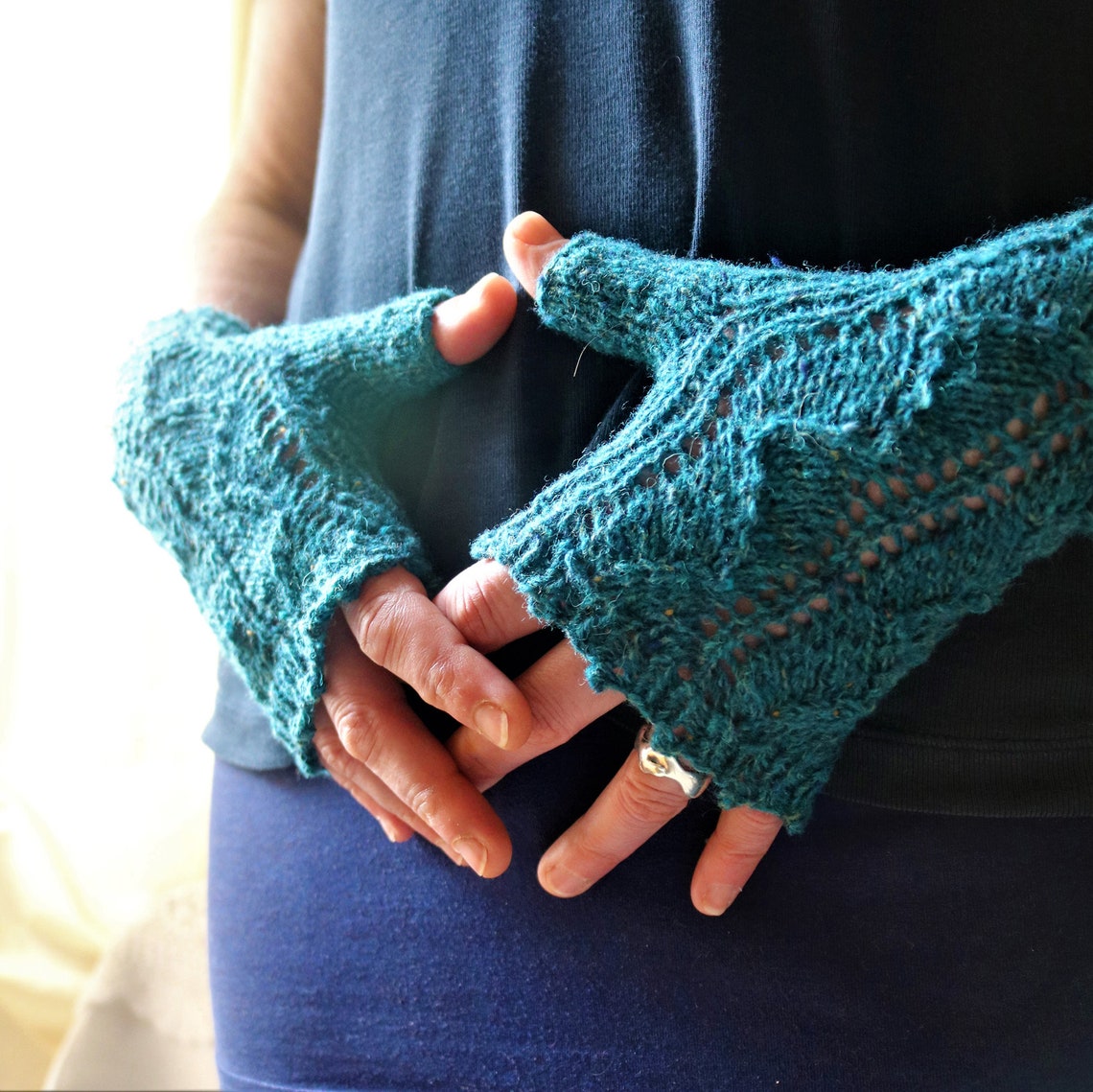 Fingerless Knit Gloves with Patchwork design in grey color palette main image 1