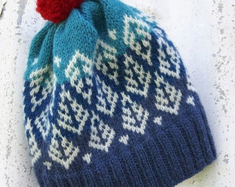 Hand knit Fair Isle hat with tree motif and pom pom | PDF knit pattern