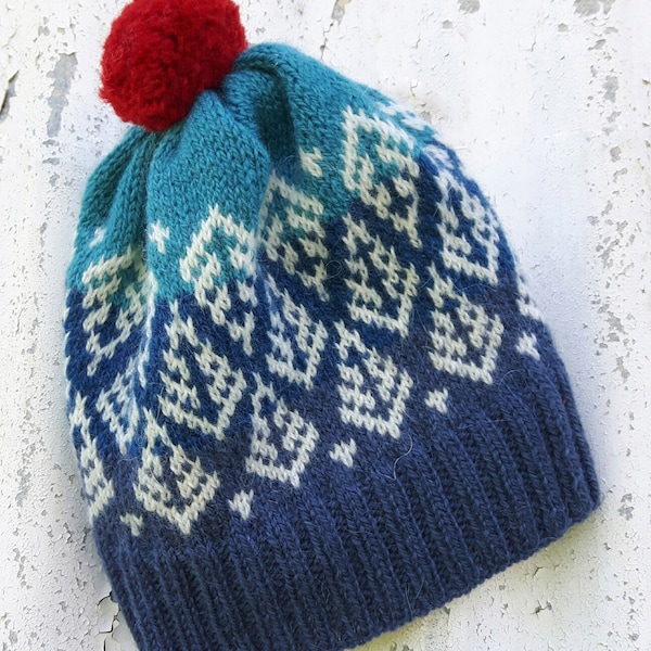 Hand knit Fair Isle hat with tree motif and pom pom | PDF knit pattern