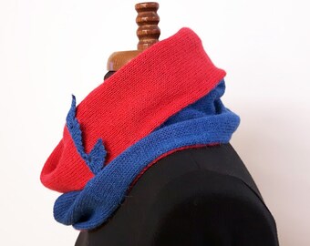 Knitted cowl reversible red and blue with contrast blue lace crochet trim