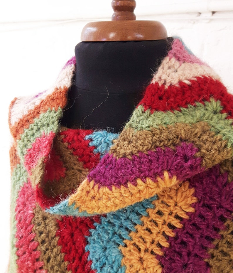 Icelandic Lopi Lettlopi wool Crochet chevron stripe zig zag bright hand made cape poncho cowl