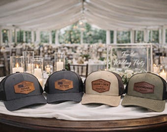 Personalized Groomsmen Hats – Leather Patch Trucker Wedding Party Gear