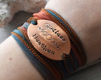 Godless Heathen Metal Bracelet - Copper Silk Wrap Bracelet- Freethinker Skeptic Jewelry Bracelet- Atheist Hand Stamped Adjustable Bracelet