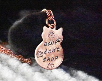 Adopt Cat Necklace- Little Copper Feline Jewelry- Stamped Pet Animal Pendant- Enamel Copper Necklace