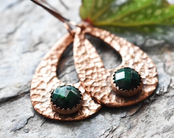 CLEARANCE Big Copper Teardrop Earrings- Emerald Stone Earrings-  Copper Hammered Hoops- Oval Copper Drops - Metal Boho Dangle Earring