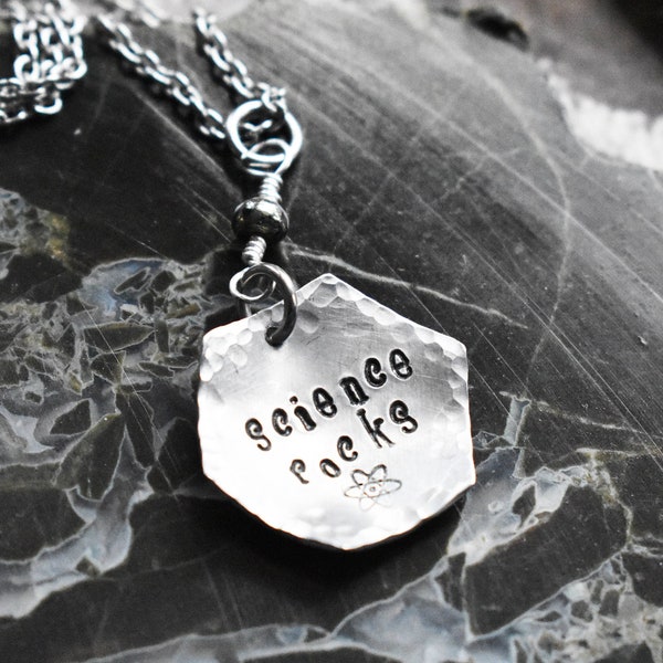 Science Rocks Necklace - Pyrite Aluminum Science Pendant- Scientist Professor Gift Funny- Gemstone Hand Stamped Jewelry