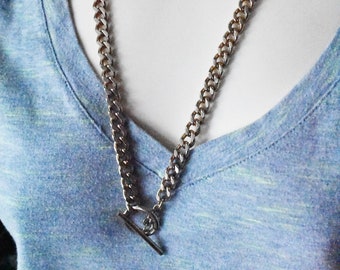 Thick Curb Chain Toggle Necklace- Men's Vintage Silver Large Chain Jewelry