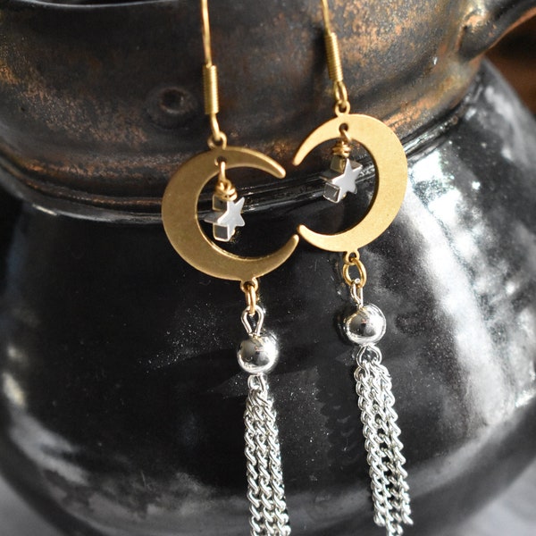 CLEARANCE Crescent Moon Celestial Earrings- Brass Moon Chain Tassel Earrings- Hematite Stars Wire Wrapped Jewelry Earrings
