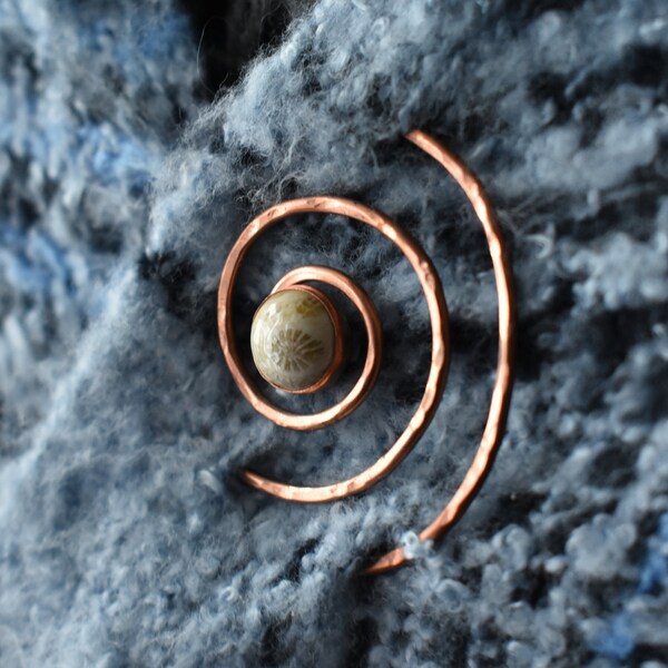 Copper Spiral Shawl Pin -Scarf Pin Metal Sweater Closure- Fossil Coral Copper Brooch-  Wire Hammered Spiral Unique Design Brooch