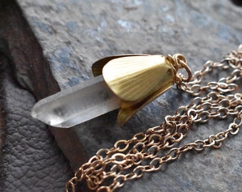 Brass Quartz Necklace- Quartz Flower Bloom Pendant Necklace- Long Boho Gift Jewelry- Long Gemstone Chain Necklace- Gift for Her