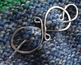 Silver Shawl Pin- Celtic Knotwork Pin- Wire Wrap Shrug Brooch Pin Holder- Spiral Wire Shawl Pin- Medieval Metal Scarf Pin