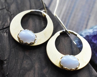 Crescent Moon  Earrings- Blue Chalcedony Earrings- Gold Moon Space Jewelry- Celestial Earrings - Brass Moon Jewelry