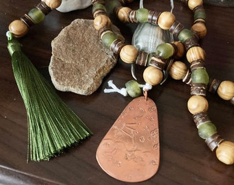 Wood Beaded Garland - African Green Glass Metal Stamped Copper Tag Decor Tassel- Mermaid Ocean Coconut Shell Beads