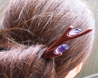 Amethyst Crystal Hair Stick -Staff Gemstone Celtic Medieval Hair Pin- Carved Wood Branch Amethyst Hair Stick- Fairy Gem Pin Bun Holder