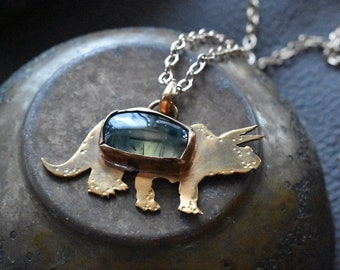 Bronze Triceratops Necklace-  Prehenite Green Gemstone Pendant- Dinosaur Geek Necklace- Gift for Her