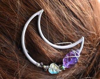 Purple Gemstone Moon Hair Clip: Wired Crystal Fairy Accessory