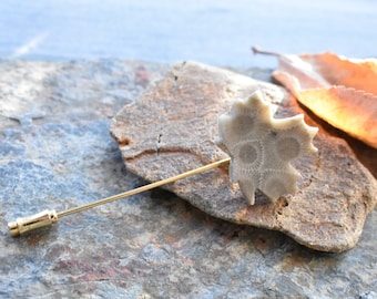 Vintage Fossil Coral Maple Leaf Pin