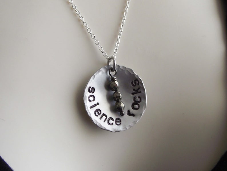 Science Rocks Necklace Scientist Professor Gift Funny Gemstone Hand Stamped Jewelry Iron Pyrite Aluminum Science Pendant