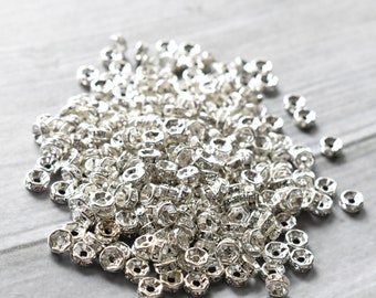 Destash Rhinestone Clear Silverplate Wheel Bead- Crystal Spacer Beads Lot 6mm