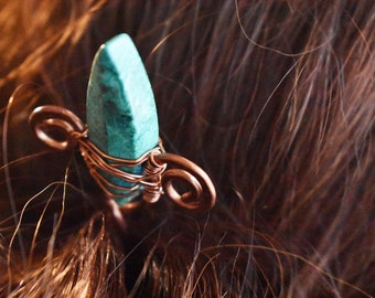 CLEARANCE Chrysocolla Copper Hair Stick- Elven Leaf Hair Pin- Twisted Wire Wrap Copper Hair Stick- Thick Copper Hair Pin- Green Gemstone