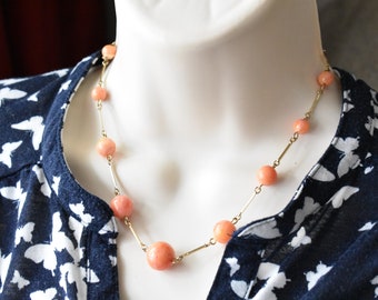 Vintage Plastic Peach Beads Necklace- Gold Beaded Chain Resin Bead Jewelry 90's Style