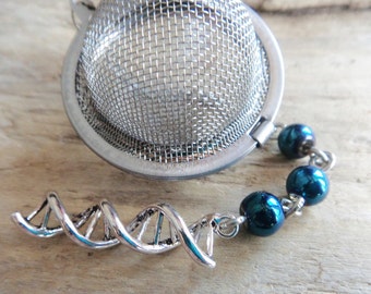 DNA Biology Tea Infuser- Blue Hematite Beaded Graduation Gift Metal Tea Ball Tea Strainer- Loose Leaf Tea Teacher Geek Science DNA Tea Ball