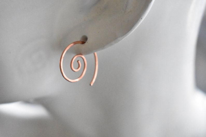 Spiral Earrings Copper Pull Through Earrings Stamped Copper Boho Jewelry Summer Long Dangle Earrings One of a Kind image 7
