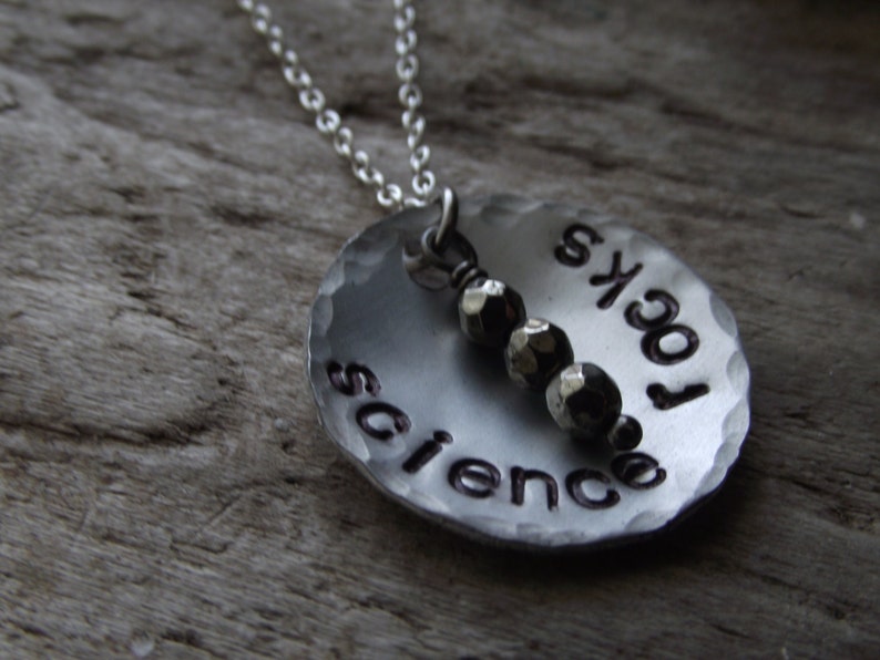 Science Rocks Necklace Scientist Professor Gift Funny Gemstone Hand Stamped Jewelry Iron Pyrite Aluminum Science Pendant