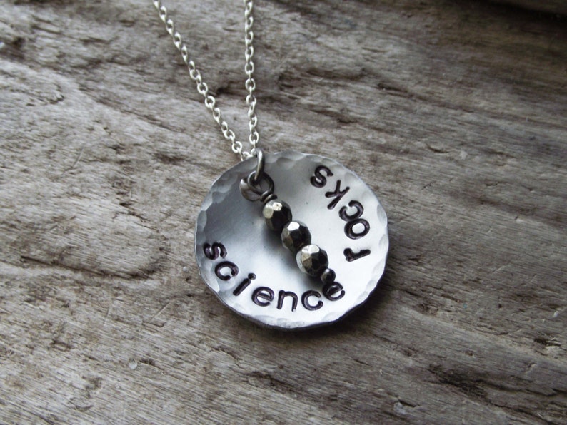 Science Rocks Necklace Scientist Professor Gift Funny Gemstone Hand Stamped Jewelry Iron Pyrite Aluminum Science Pendant