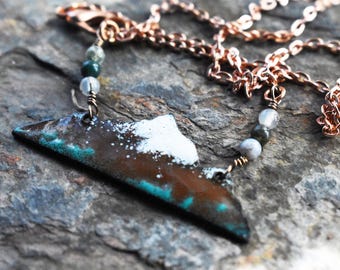 Enameled Snowy Mountain Necklace- Rocky Mountain Copper Jewelry- Landscape Nature Animal Pendant- Moss Agate Stone Copper Necklace