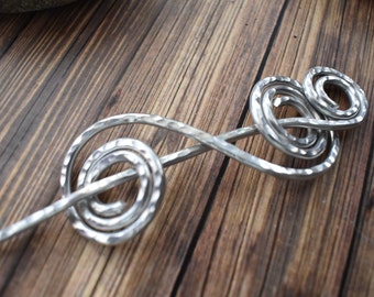 Shawl Pin Scarf Pin- Spiral Metal Knitter Gift- Celtic Style Aluminum Silver Wire Hammered Pin