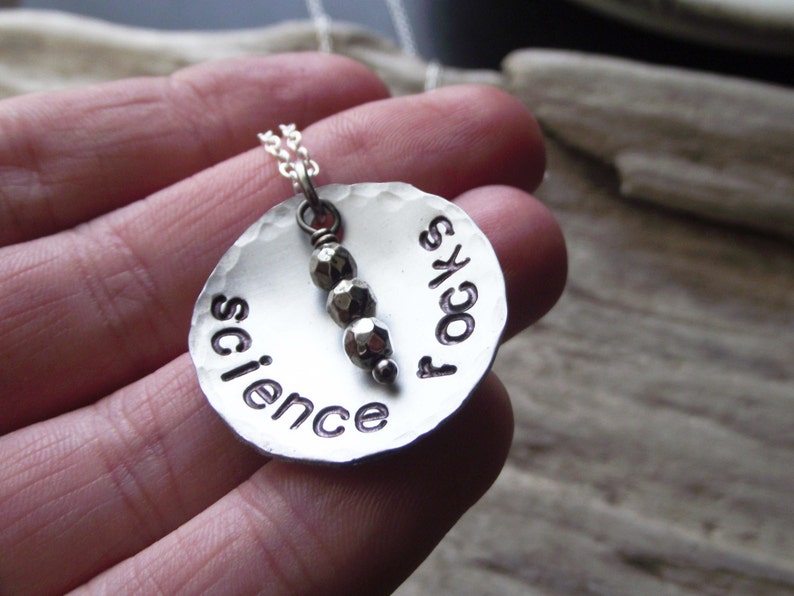 Science Rocks Necklace Scientist Professor Gift Funny Gemstone Hand Stamped Jewelry Iron Pyrite Aluminum Science Pendant