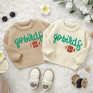 Suéter bordado Go Birds para bebé / Regalo para fanáticos del fútbol americano de la NFL / Regalo navideño de fútbol americano tejido a mano para recién nacidos