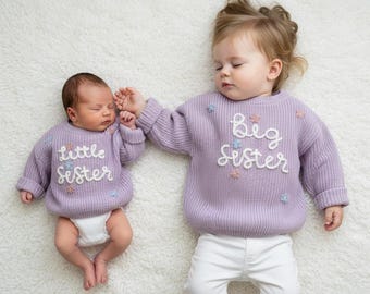 Jersey bordado a mano para hermana mayor y niña - Jersey personalizado para hermanos - Jersey personalizado para bebé - Regalo de primer cumpleaños para niña pequeña