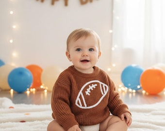 Handmade Baby Knit Sweater with Football Design  Fall Toddler Pullover, Neutral Sweater, Baby Shower Gift, Football Season Outfit