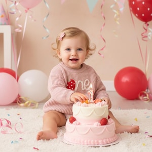 Peut inclure: Un bébé souriant porte un pull rose avec un motif de fraise et le mot "one" devant un gâteau rose à deux niveaux avec une bougie allumée. Des ballons et des serpentins décorent l'arrière-plan, célébrant un premier anniversaire.