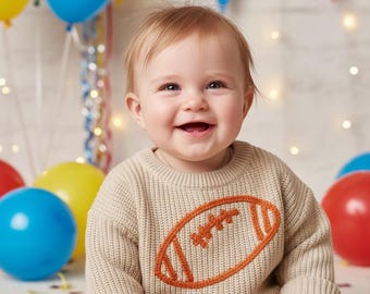Handmade Baby Knit Sweater with Football Design, Fall Toddler Pullover, Neutral  Sweater, Baby Shower Gift, Football Season Outfit