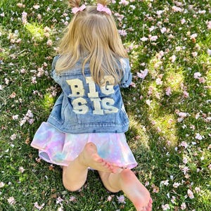 以下が含まれることがあります： 背中に金色の「BIG SIS」の文字が入ったデニムジャケットと、カラフルなタイダイスカートを着た子供。子供は、緑の草とピンクの花びらの上に横たわっています。