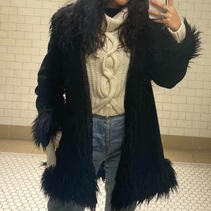Women’s Long Vintage 1970s Sheepskin Suede Leather Coat Handmade Mongolian Black Suede Leather Hippie Coat with Shearling Fur Trim
